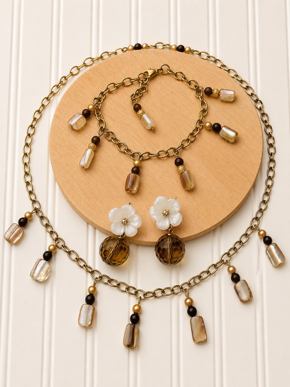 Gold-Tone Mother Of Pearl Floral Earrings And Bead Necklace & Bracelet Set